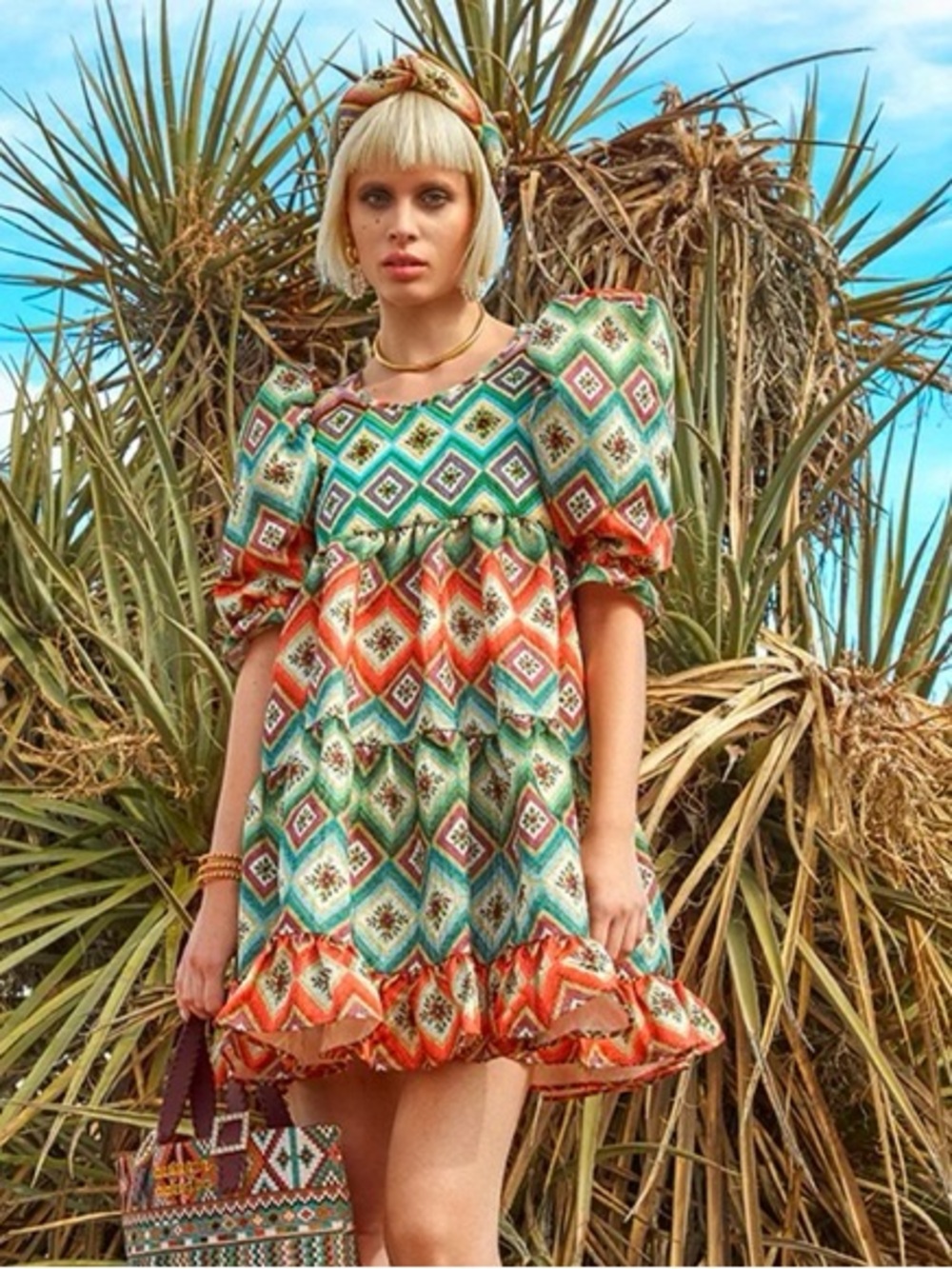 Autumn Adeigbo Oona Abstract Print Puff Sleeve Babydoll Mini Dress Size 8